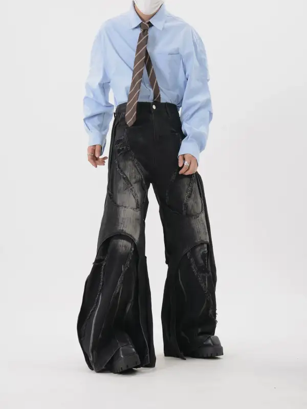 Deconstructed Curved-Panel Wide-Leg Jeans