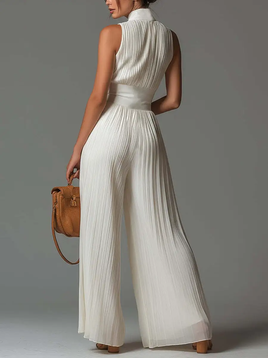High Waisted Sleeveless Pleated Solid Color Zipper V