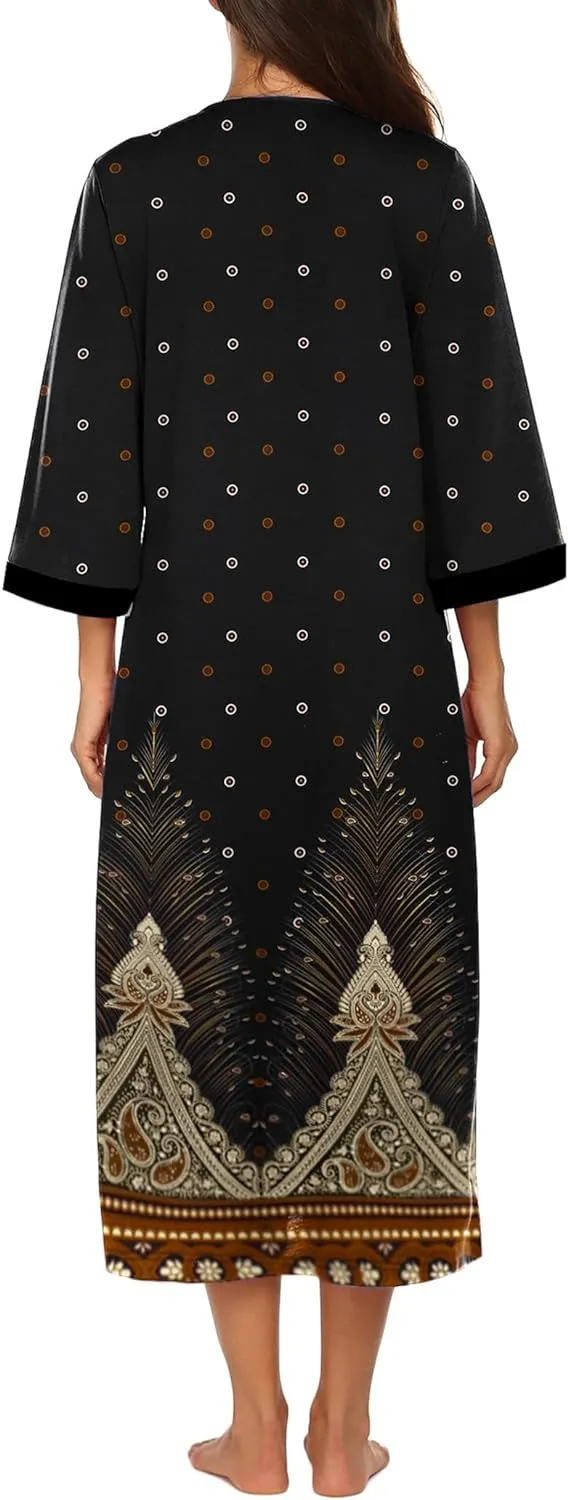 50% OFF Women Zipper Robe 3/4 Sleeves Loungewear Dress Full Length Sleepwear Pockets Housecoat Nightgown Long Bathrobe