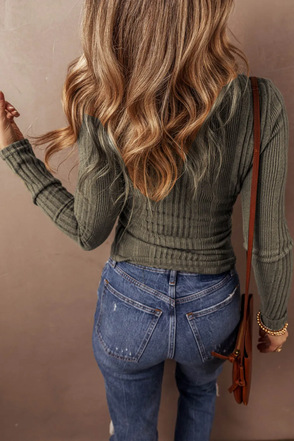 Ribbed Knit Half Button Slim Fit Blouse