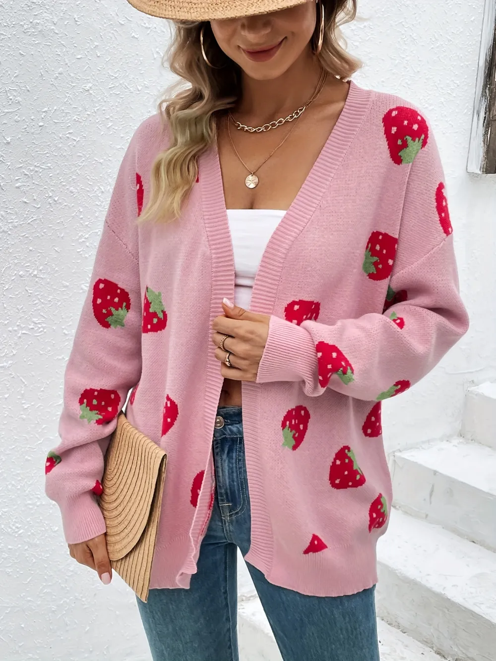 Elegant Long Sleeve Strawberry Pattern Open Front
