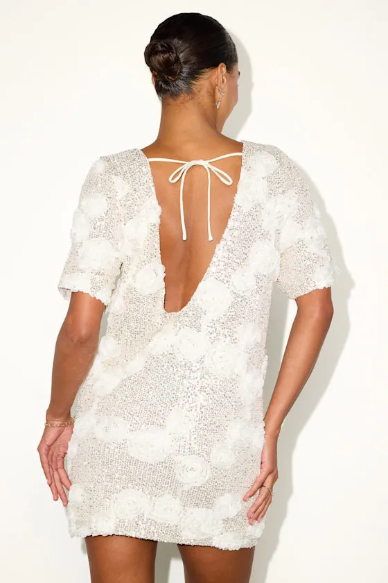Kayleena Ivory Sequin Rosette Tie-Back Shift Dress
