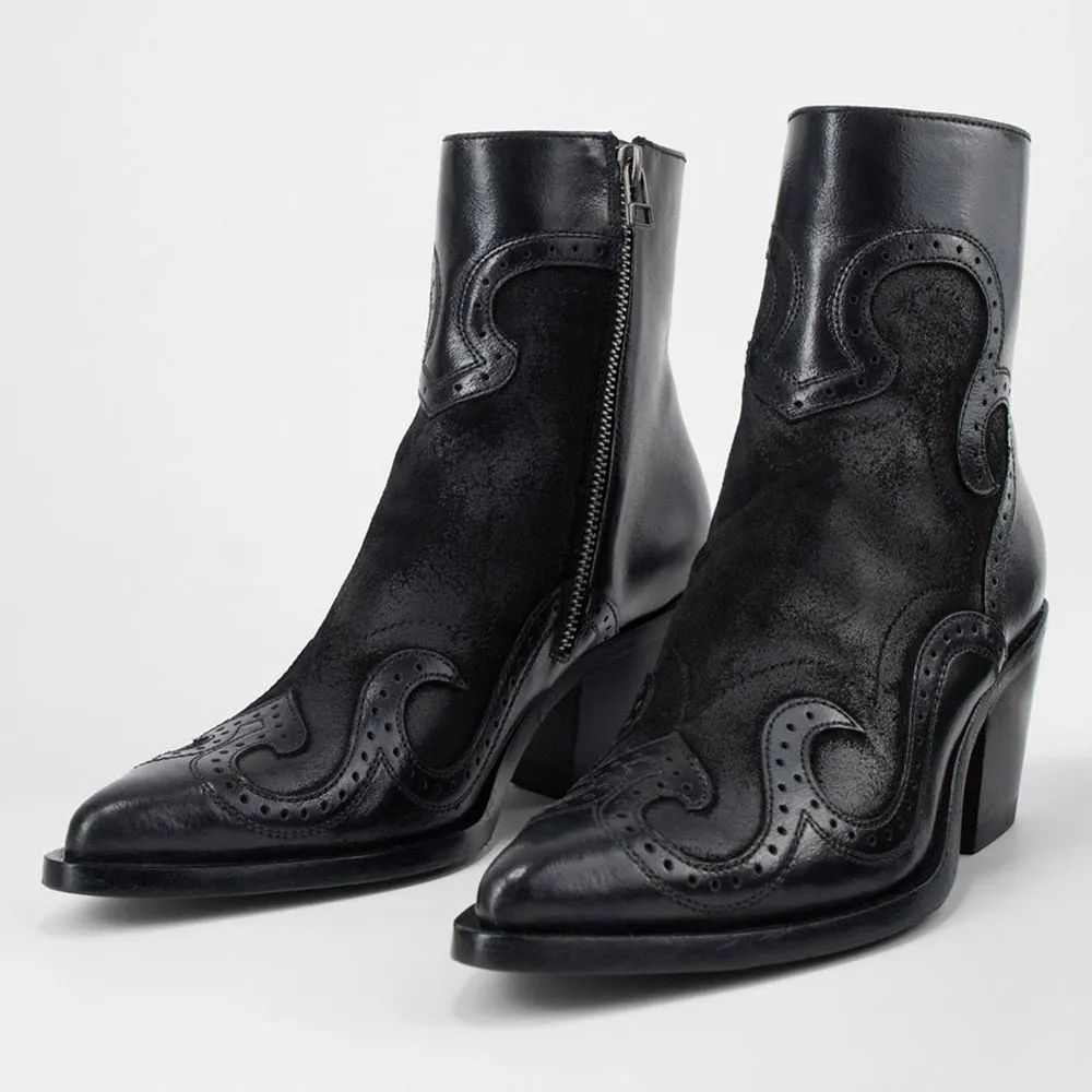 Faux-Suede Faux-Leather Zip-Up Patchwork Ankle Boots