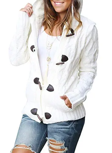 Womens 2025 Winter Hooded Cardigans Button Up Cable Knit Sweater Coat Outerwear with Pockets