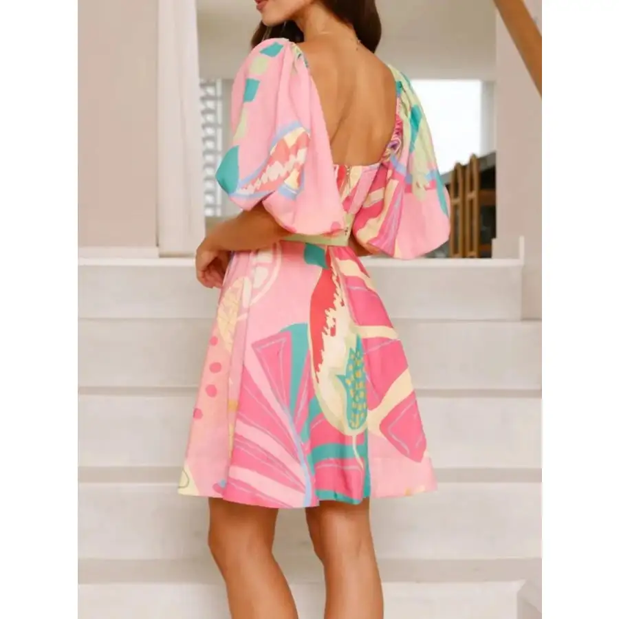 Colorful Print Belted Mini Dress with Puff Sleeves