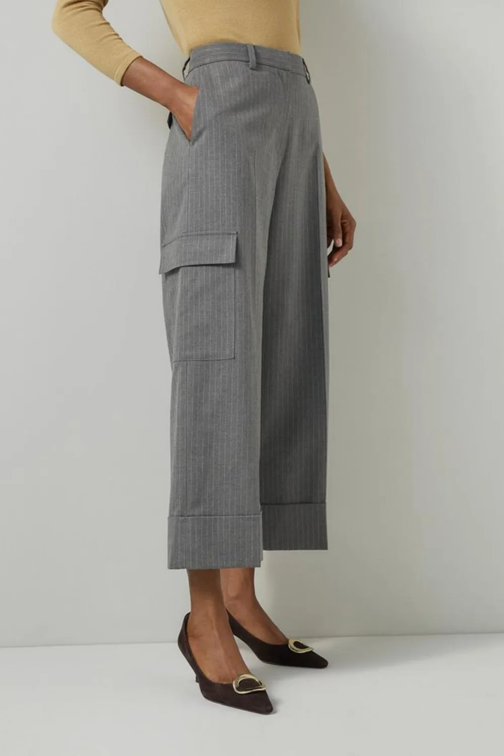 Grey Striped Cropped Wide Leg Trousers