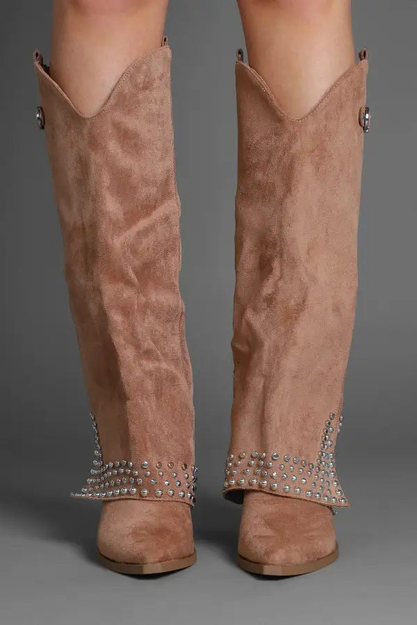 Modern Western Slouch Fold-Over Studded Knee High Boots