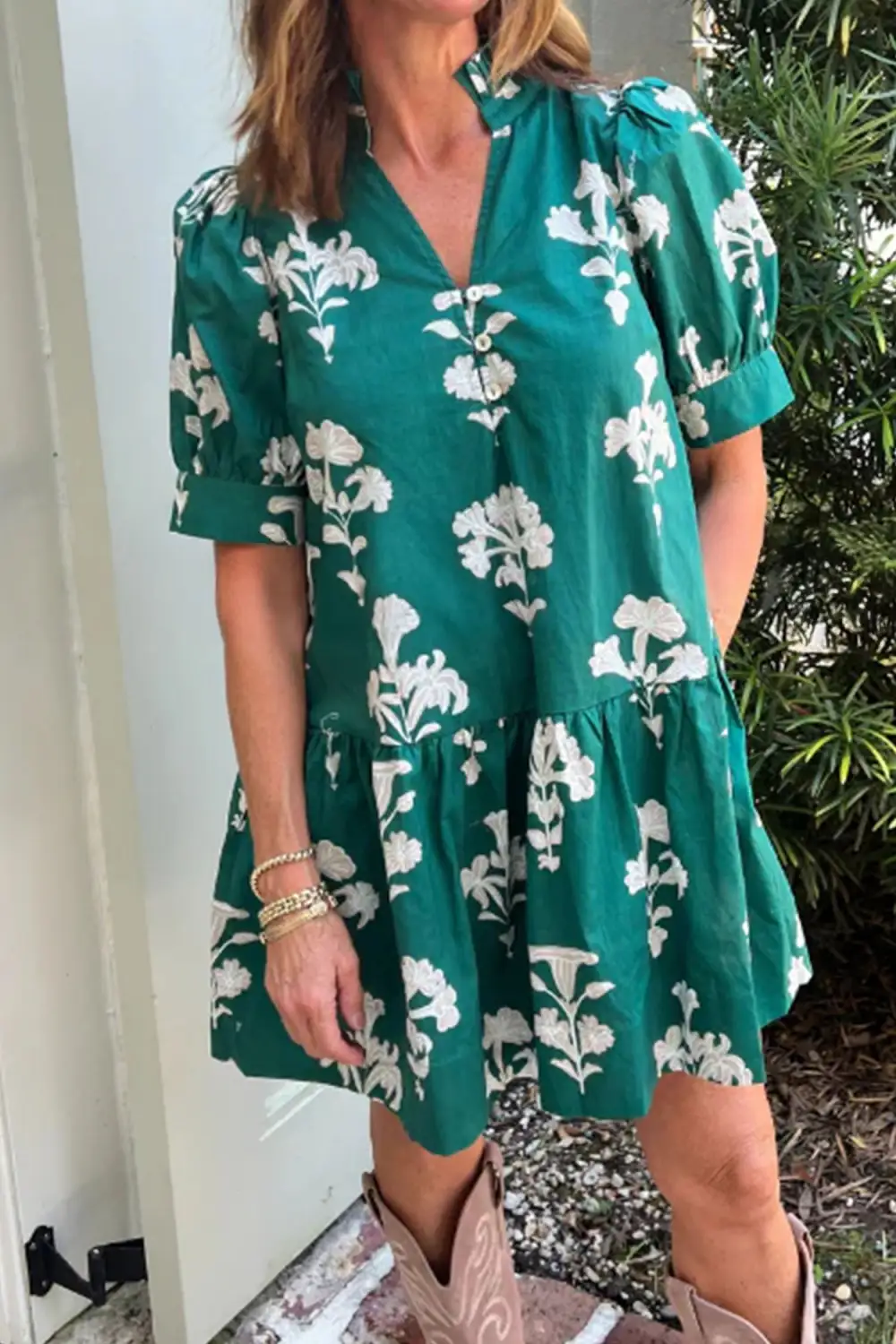 Floral V Neck Ruffle Mini Dress