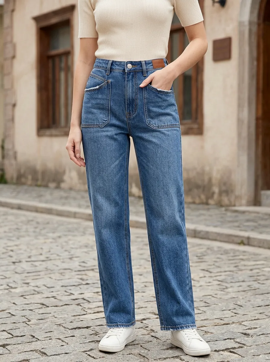 Women's Classic Casual Jeans with High Rise Accents
