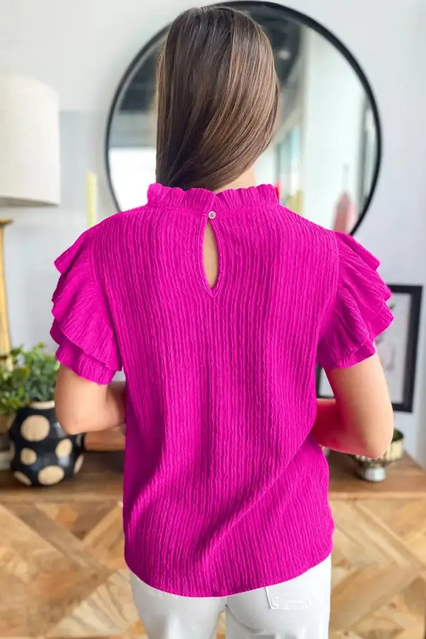 Textured Ruffle Trim Short Sleeve Blouse