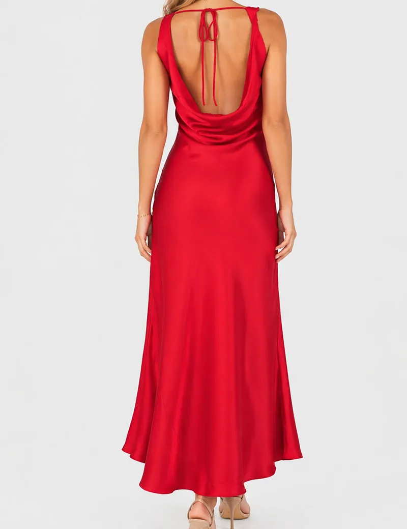 Chic Satin Cowl Neck Sleeveless Back Midi Dress
