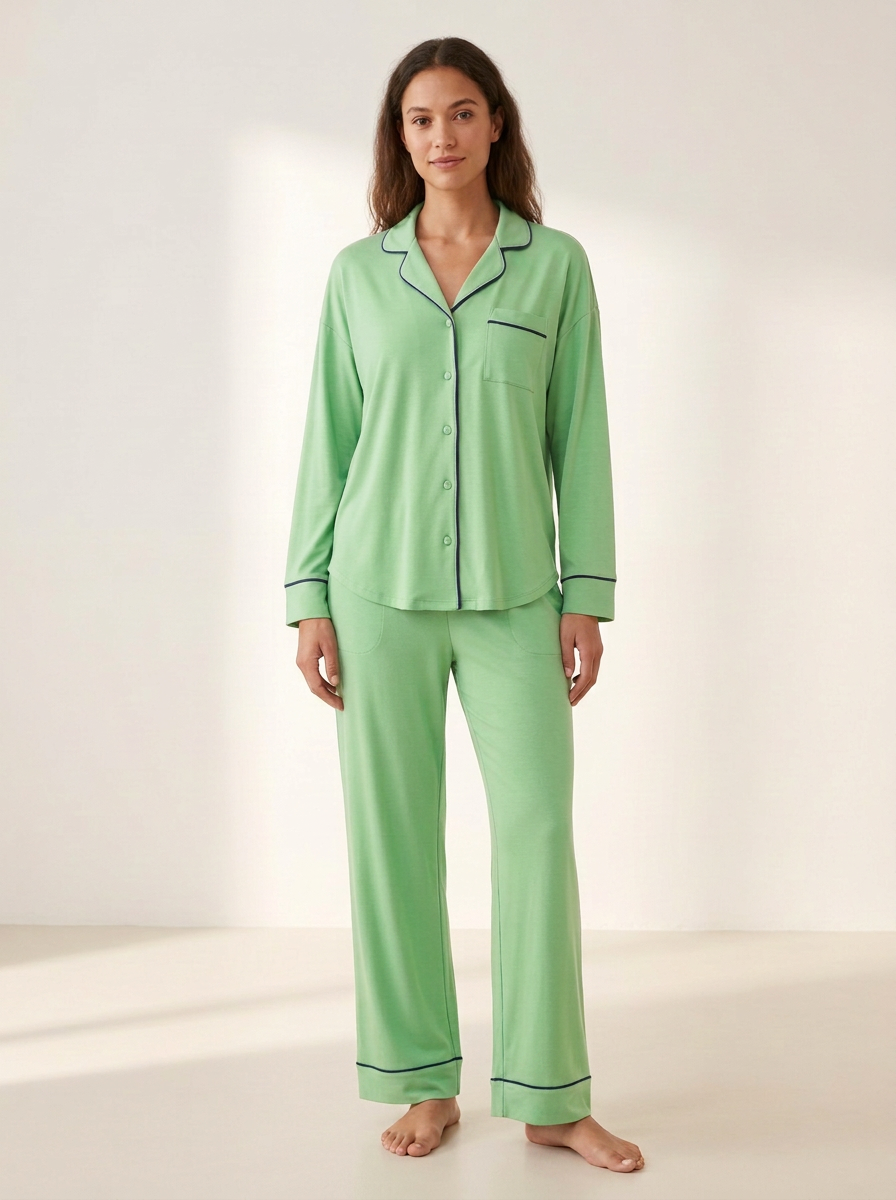 Women's Contrast-Piped Side-Pocket Straight-Leg Pajama Set