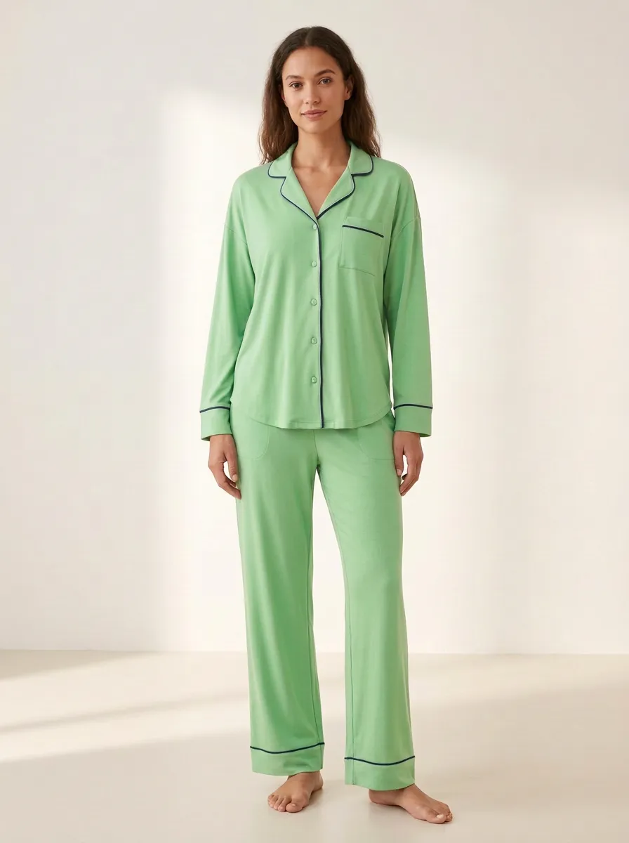 Women's Contrast-Piped Side-Pocket Straight-Leg Pajama Set