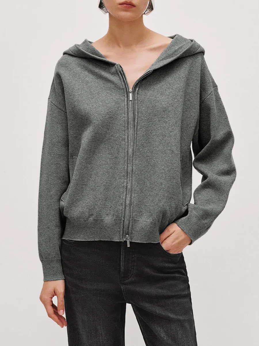 Lady's Grey Casual Style Loose Hoodie With A Zipper