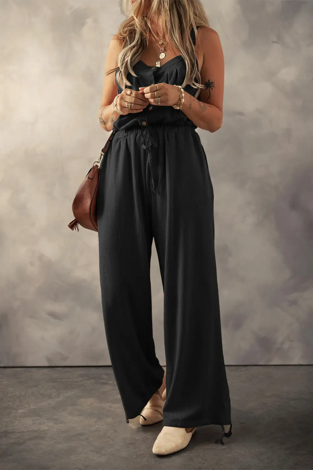 Knotted Straps Button Textured Drawstring Jumpsuit Accessory