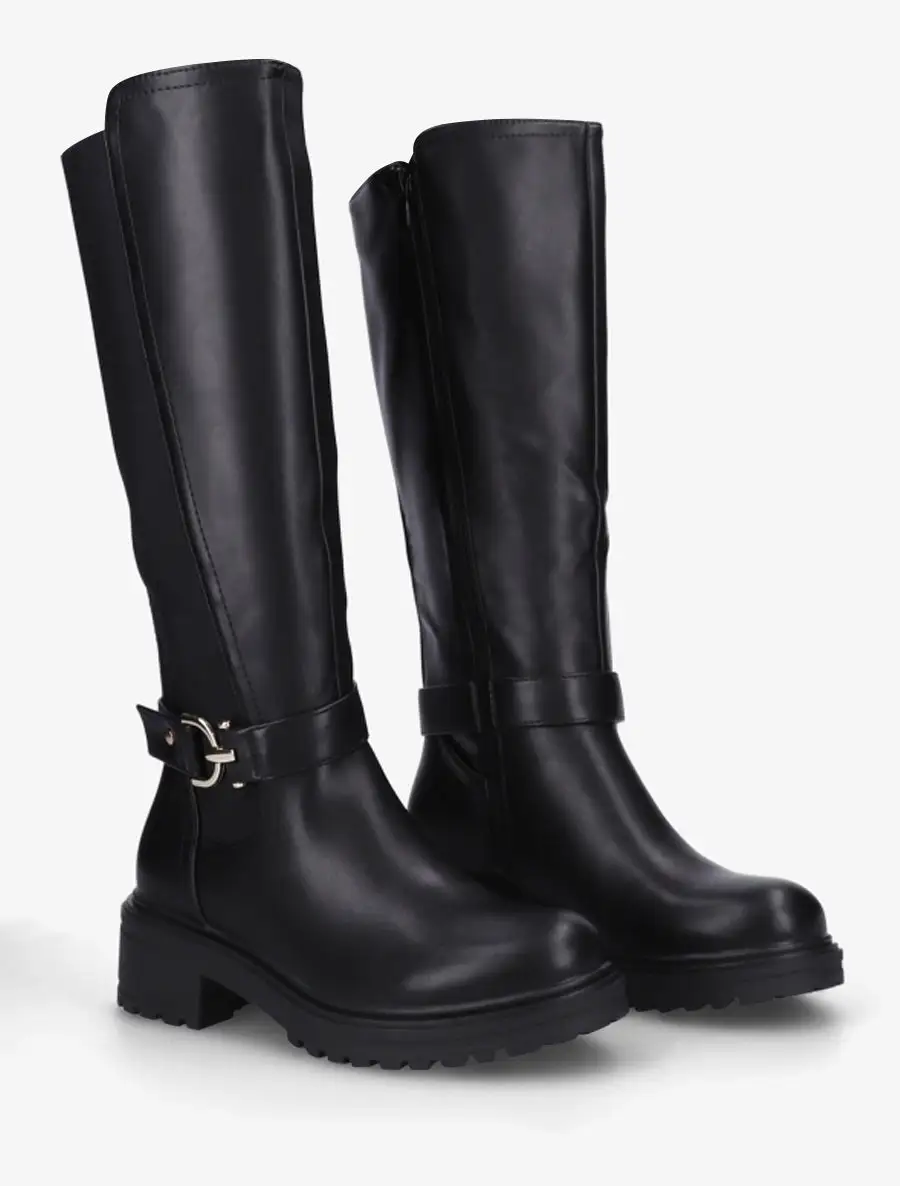 Classic Statement Stretch Panel Strap Detail Block Heel Faux Leather Knee High Boots