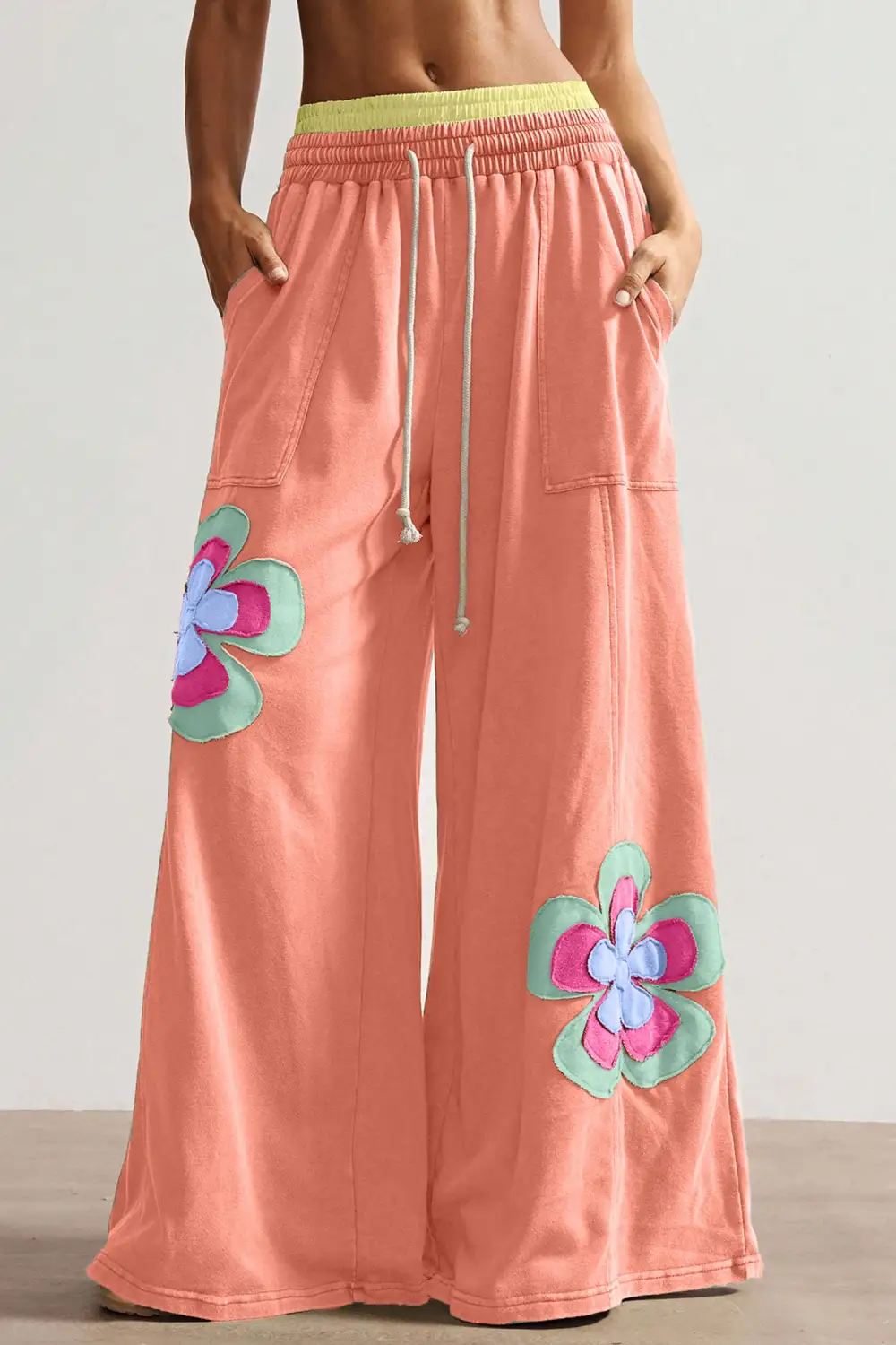 Flower Patchwork Drawstring Contrasted Elastic Rise Wide Leg Pants