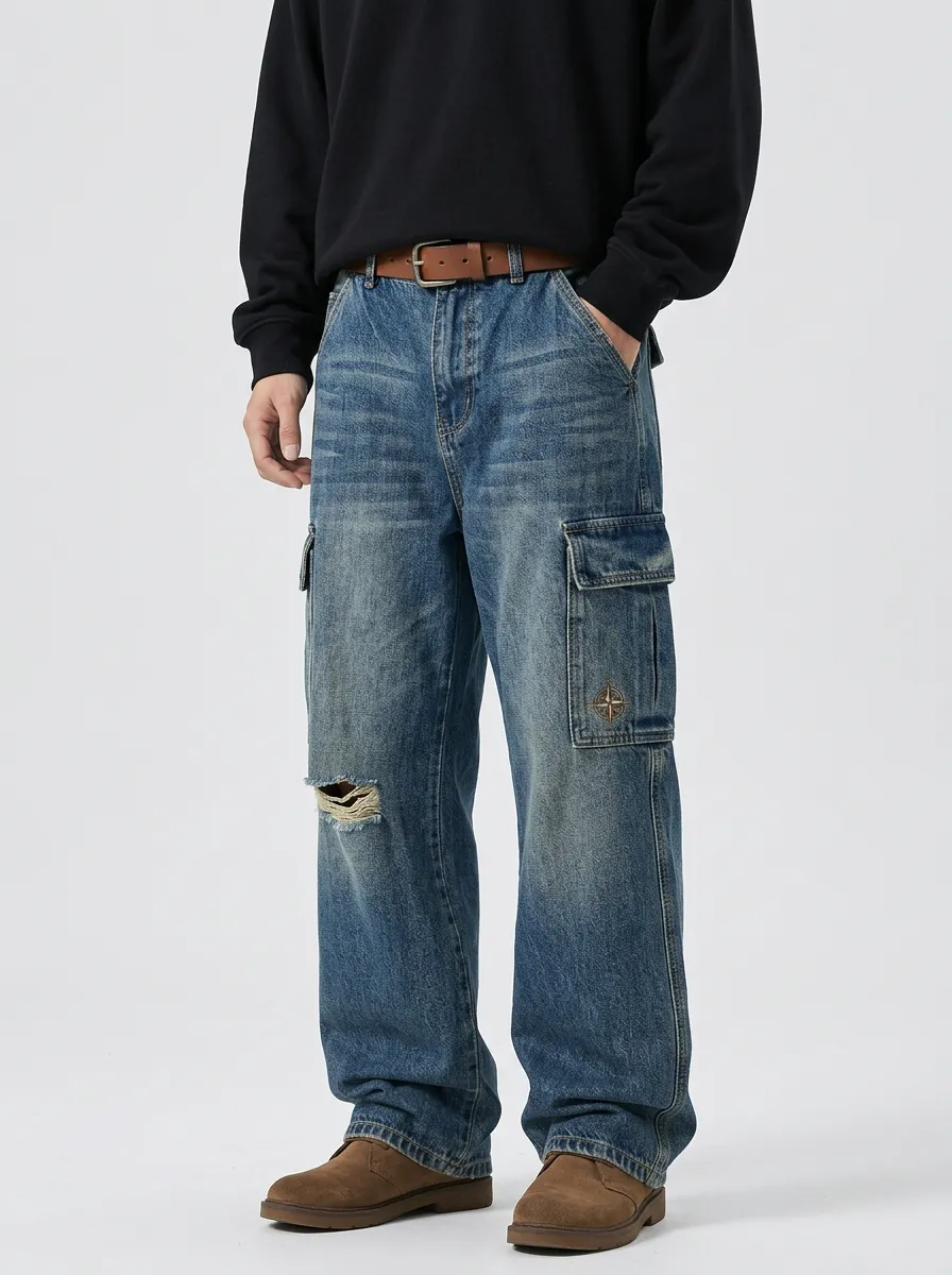 Men's Vintage Distressed Compass Patch Printed Cargo Pants