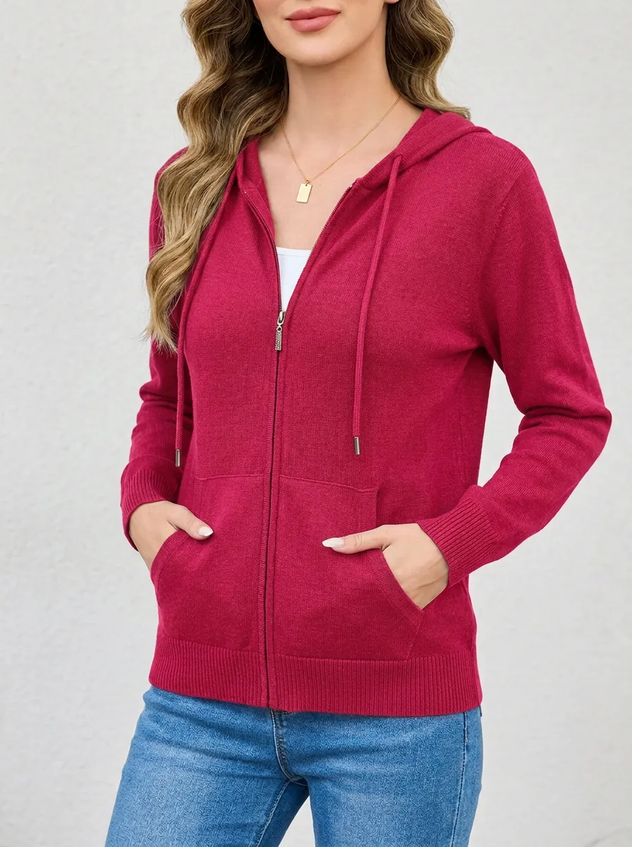 Knit-Texture Zip-Up Women's Zip-Up Hooded Jacket