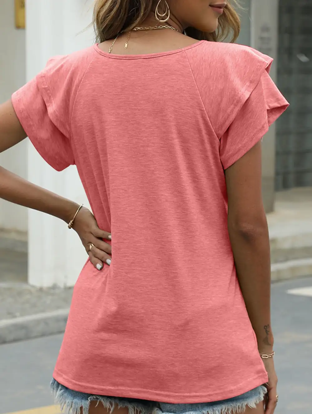 Solid Color V-Neck Ruffle Sleeve T-Shirt