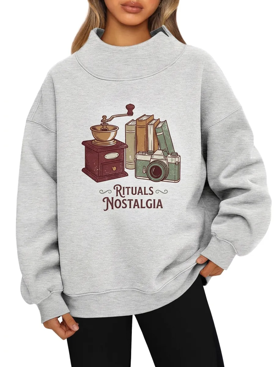 Women's Vintage Coffee Books Camera Rituals Nostalgia Printed Sweatshirt