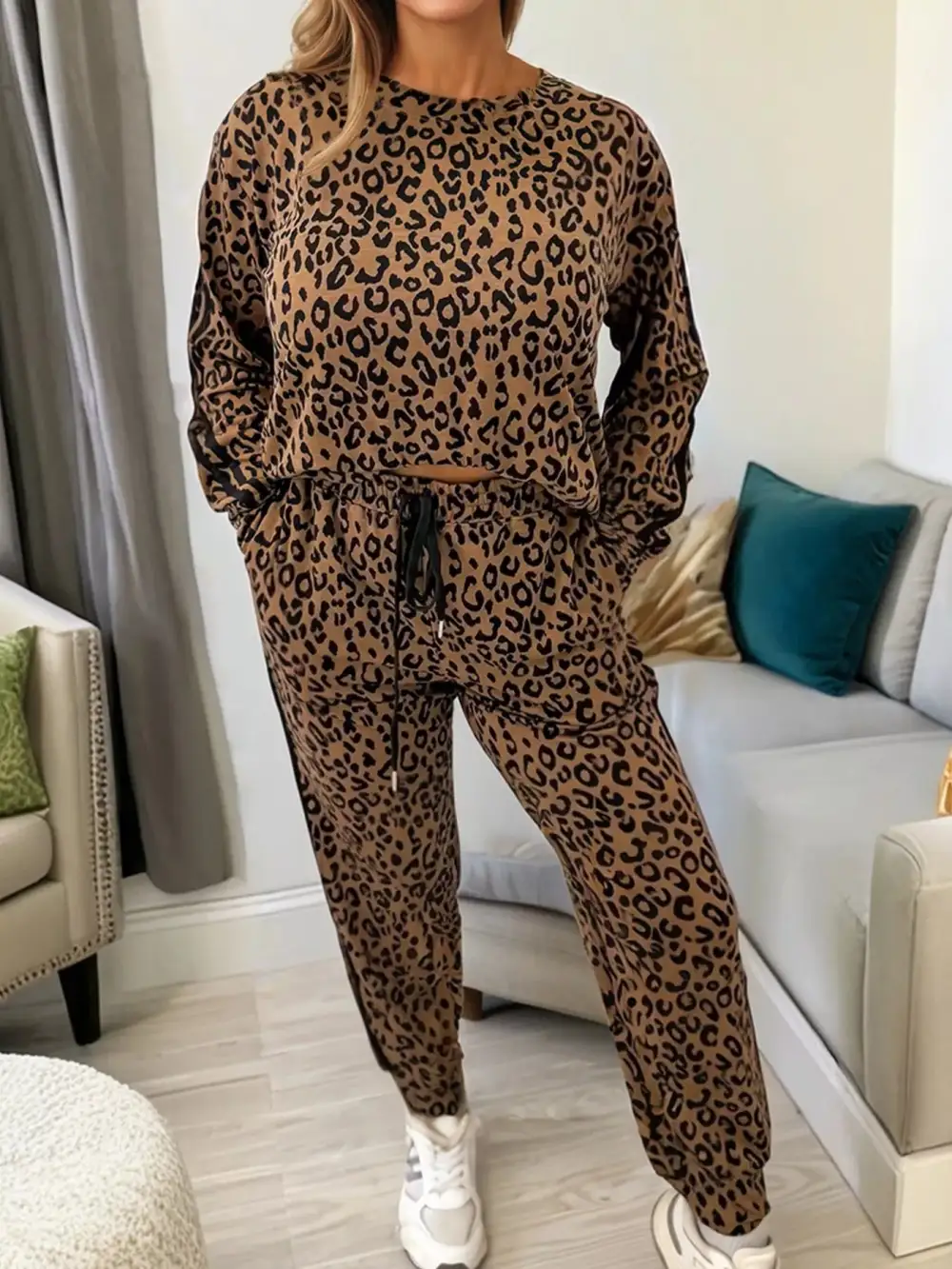 Striped Trim Leopard Long Sleeve Top Drawstring Pant Set