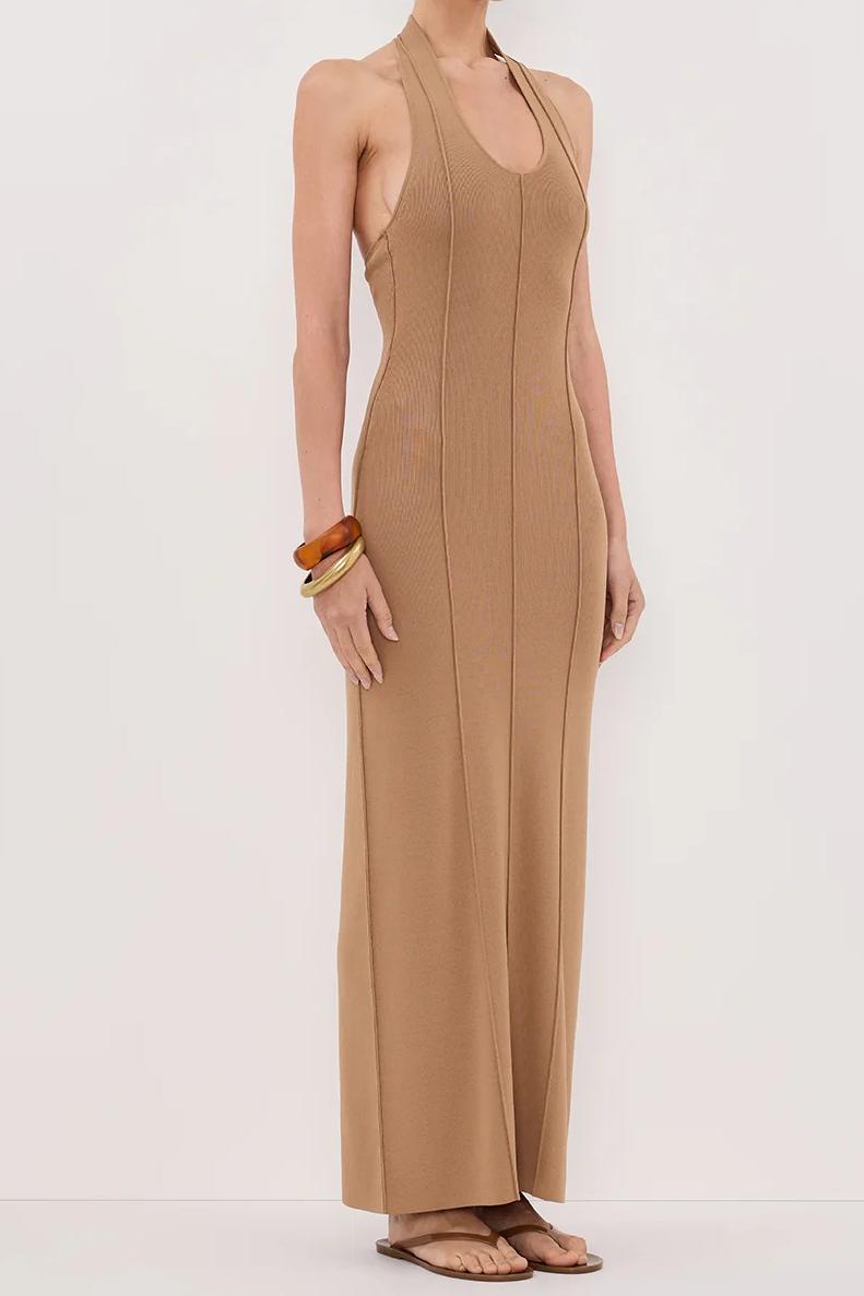 TAN HALTER KNIT MAXI DRESS