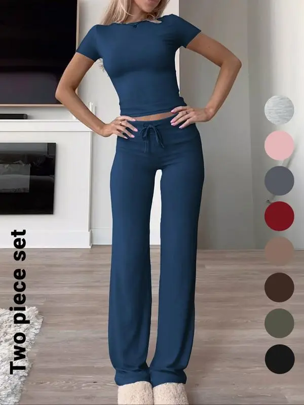 Women's Solid Short Sleeve Two-piece Set