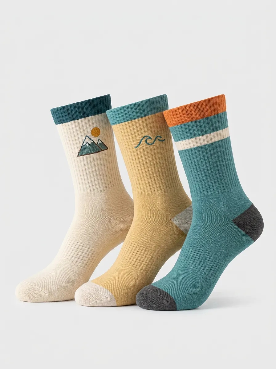 Unisex Mountain Nature Three-Pair Embroidered Crew Socks