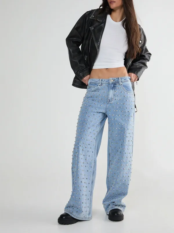 Women's Stylish Metal Stud Decoration Light Blue Wide-Leg Pants