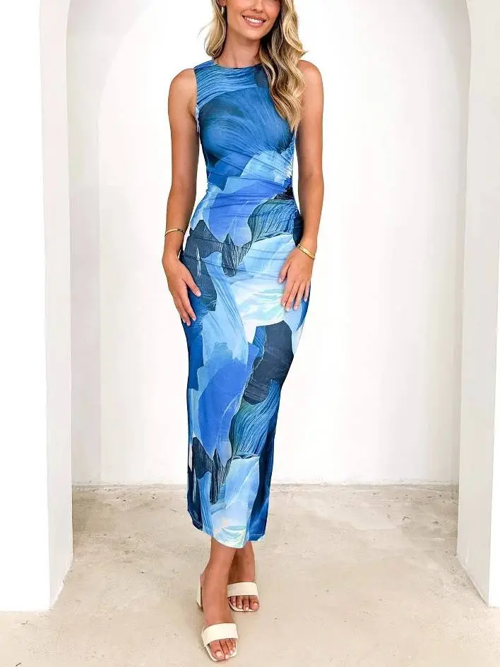 Printed Sleeveless Tailored Midi Dress