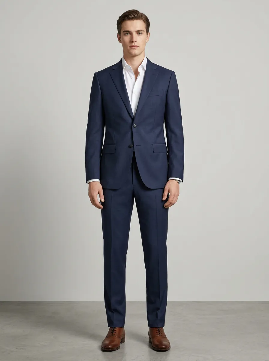 Men's Notched Lapel Business Formal Navy Blue Solid Color Suit Set