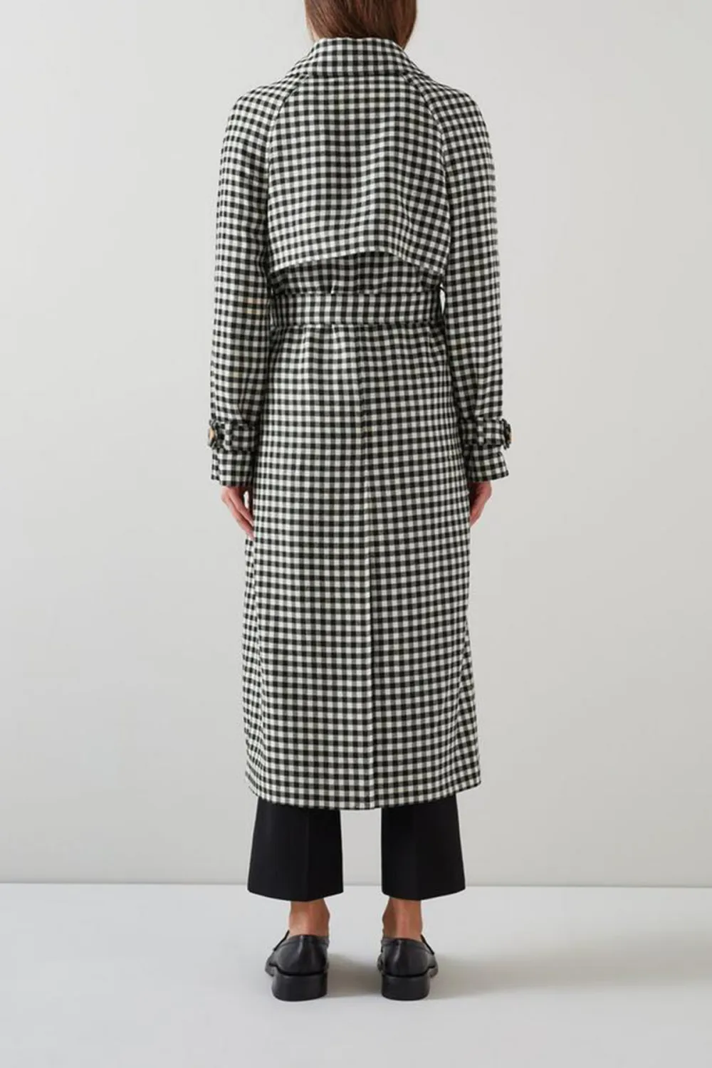 Black Cream Checkered Belted Long Coat