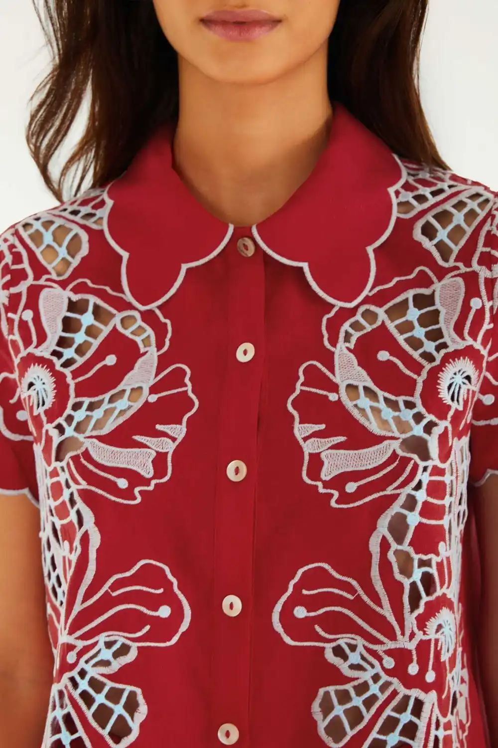 Embroidered Floral Short-Sleeve Button-Front Blouse