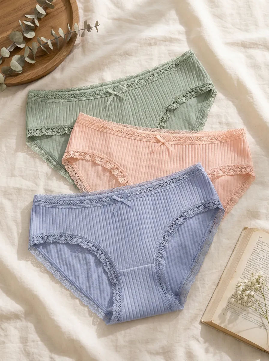 Women's Bow Detail Lace Trim Ribbed 3-Piece Underwear Set