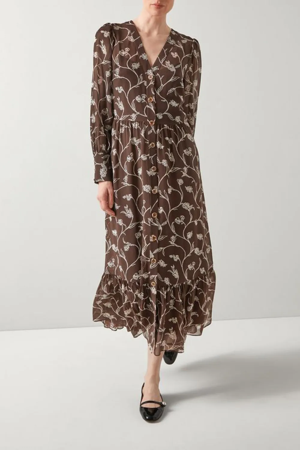 Brown Floral Print Long Sleeve Midi Dress