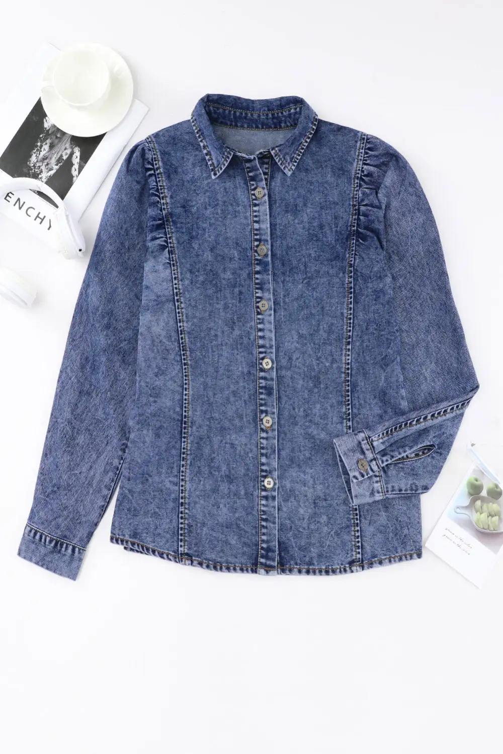 Puff Sleeve Button-Up Denim Jacket