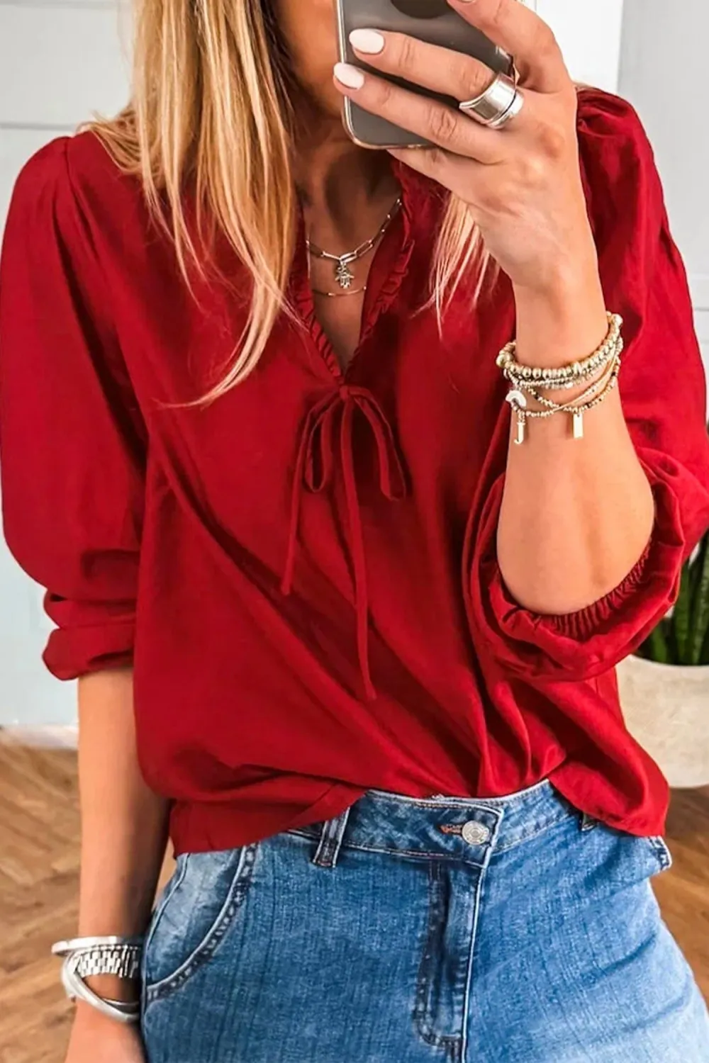 Frilled Bow Detail V-Neck Blouse