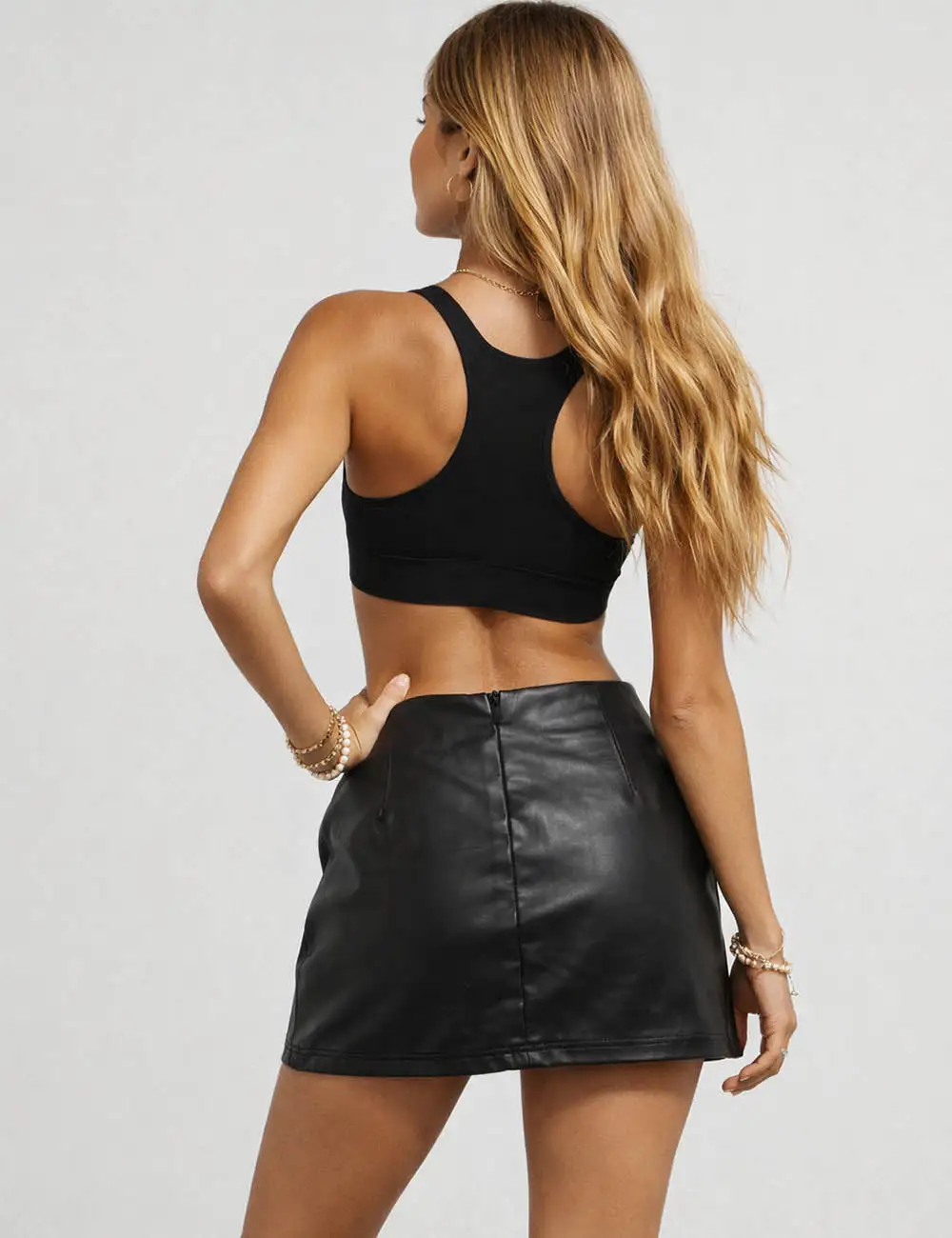 Faux Leather Metal Buckle Belted Eyelet Mini Skirt