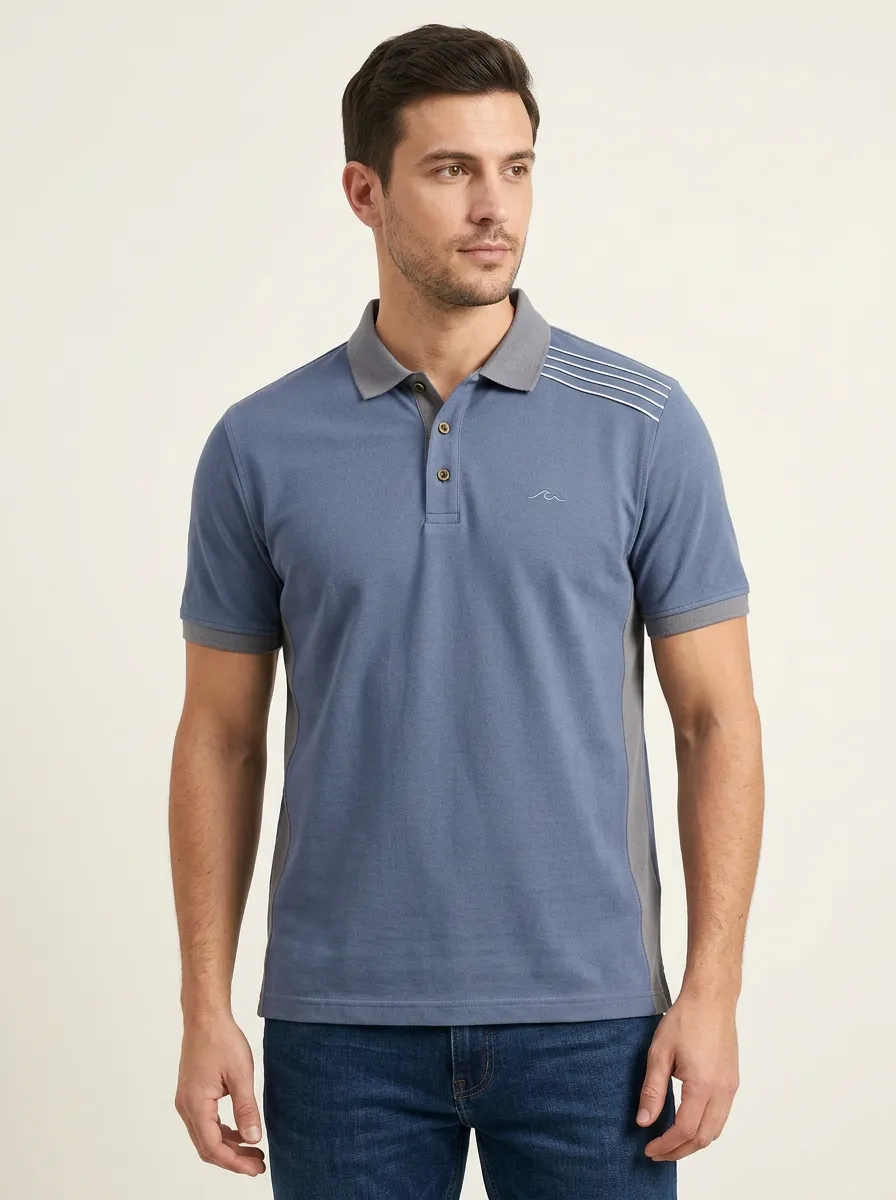 Men's Ribbed Textured Striped Contrast-Panel Embroidered Polo Shirt