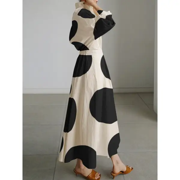 Streamlined Long Sleeves Loose Contrast Color Pleated Polka-Dot Tied Waist Lapel Shirt Dress