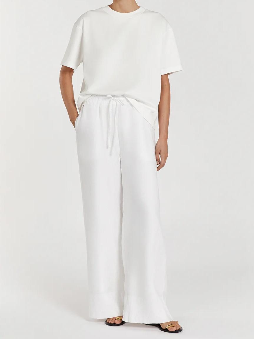 WHITE LINEN ELASTIC WAIST PANT