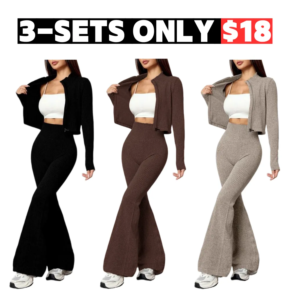 Women's Two-Piece Set, Autumn Winter Knit Ribbed Jacket & High-Waisted Flare Pants