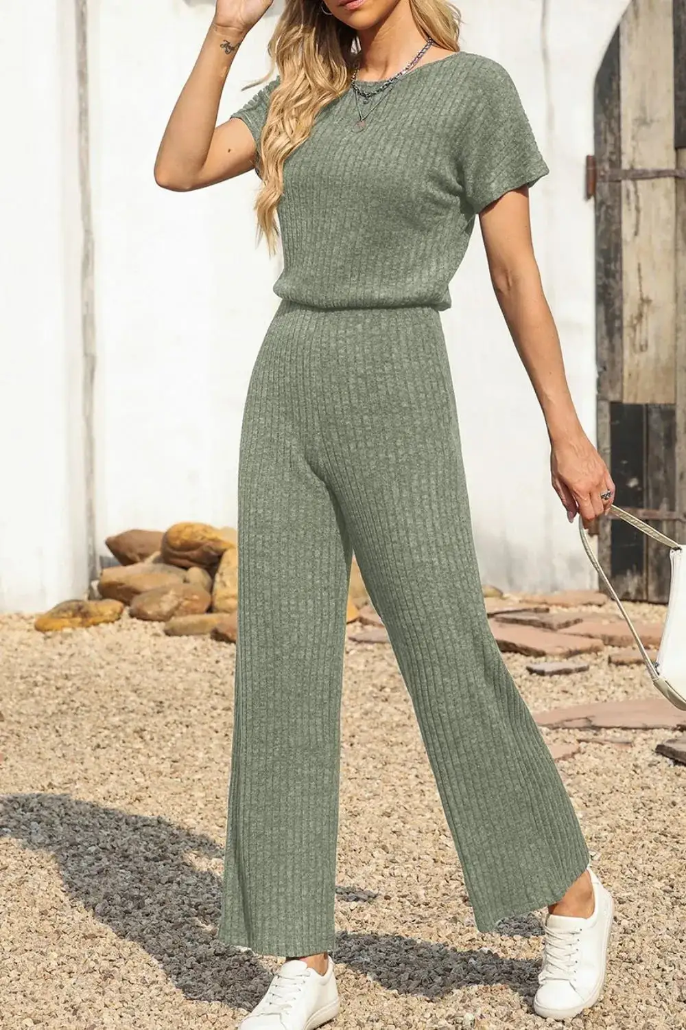Ribbed Short Sleeve Wide Leg Jumpsuit Shorts