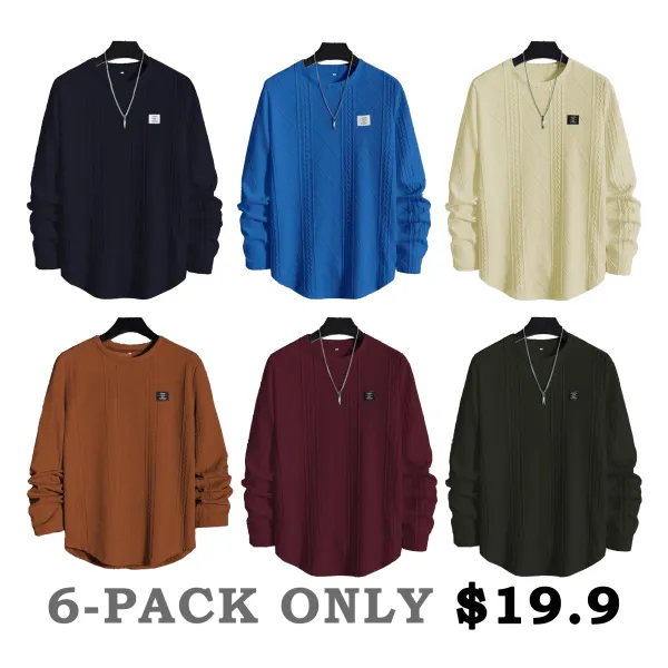 🔥Last Day 48% Off-Men's Regular Fit Patched Detail Textured Knit Tops, Casual Long Sleeve Round Neck T-shirt for All Seasons, Fashion Men's Knit Top for Daily Wear