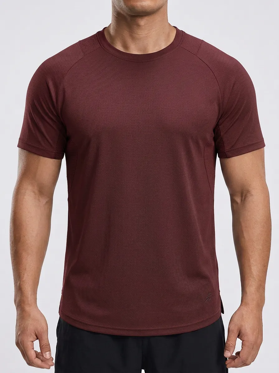 Men's Athletic Emblem Fitness Training Mesh Textured Raglan Performance Sport Crewneck T-Shirt