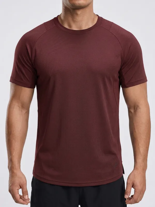 Men's Athletic Emblem Fitness Training Mesh Textured Raglan Performance Sport Crewneck T-Shirt