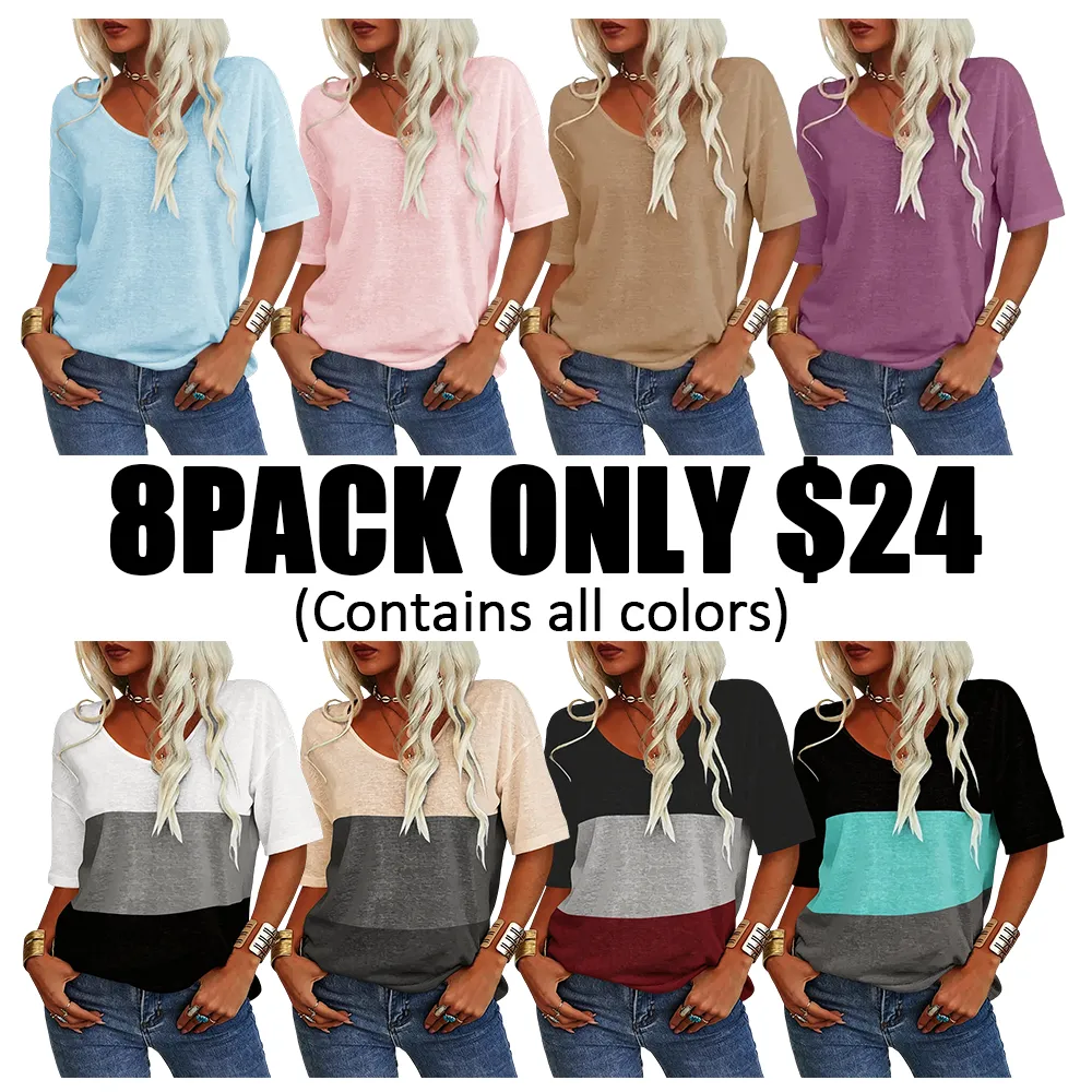 Women's Soft V-Neck Short-Sleeve T-Shirt-🔥8-Pack- Only $24