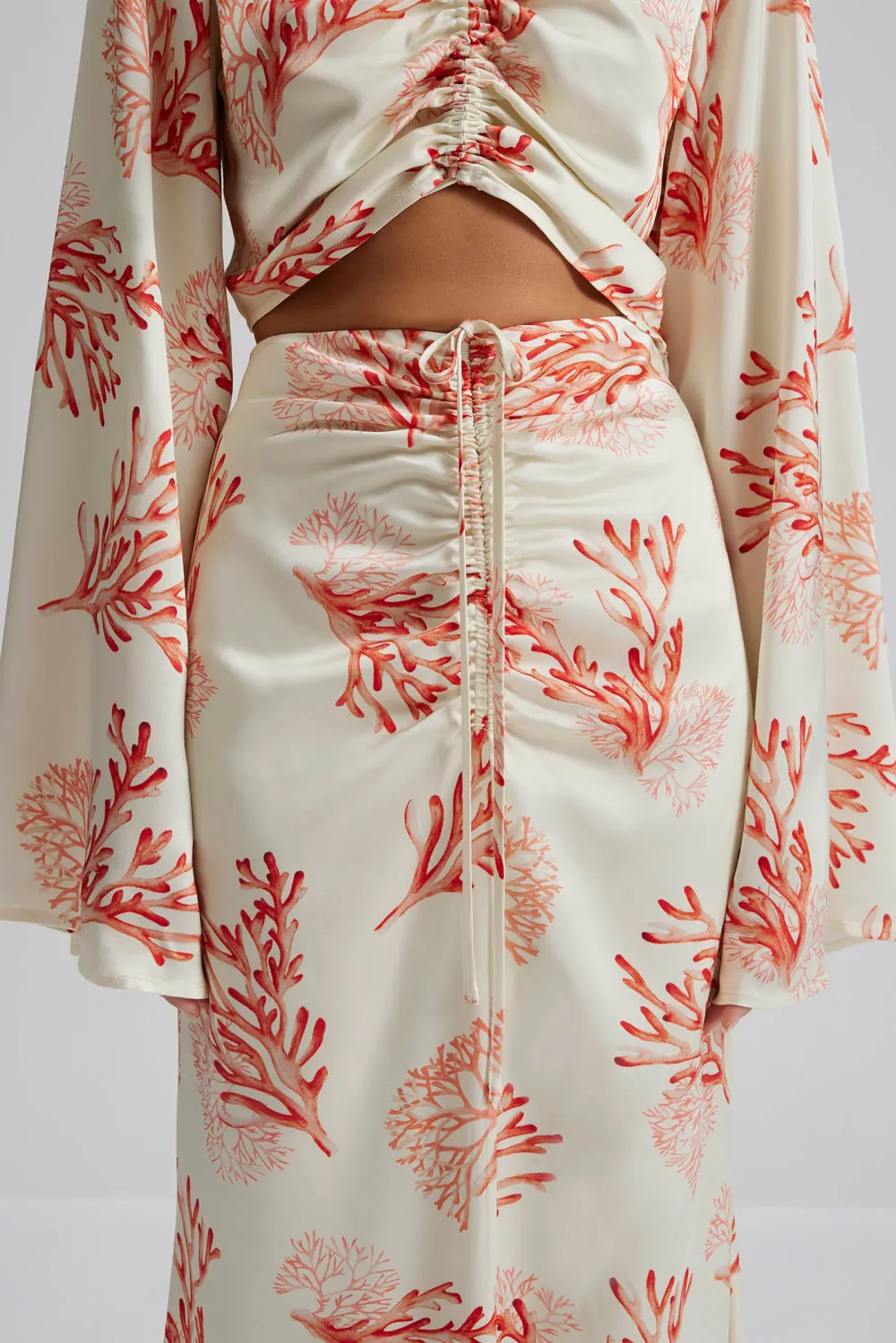 Coral Print Split Sleeve Maxi Skirt