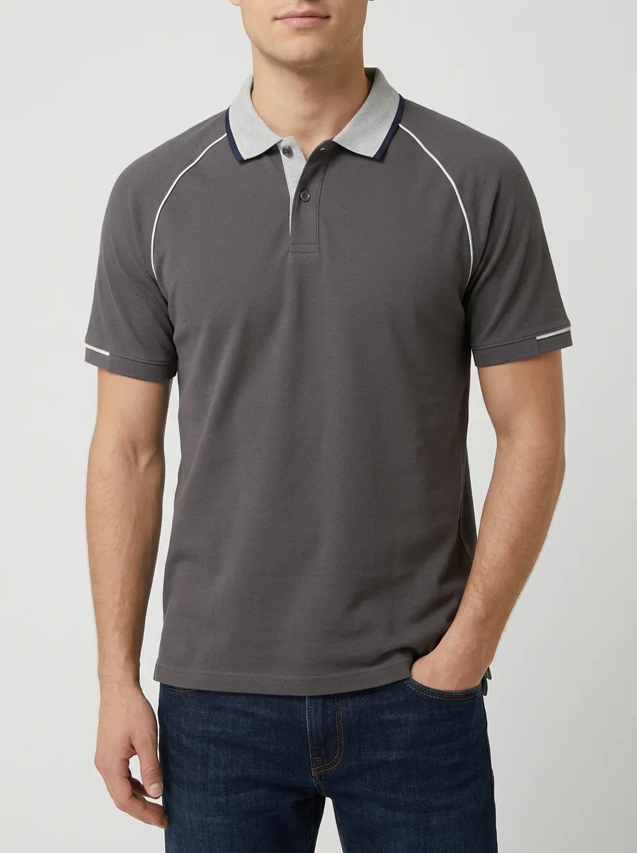 Men's Knit Ribbed Textured Contrast-Piping Contrast-Trim Polo Shirt